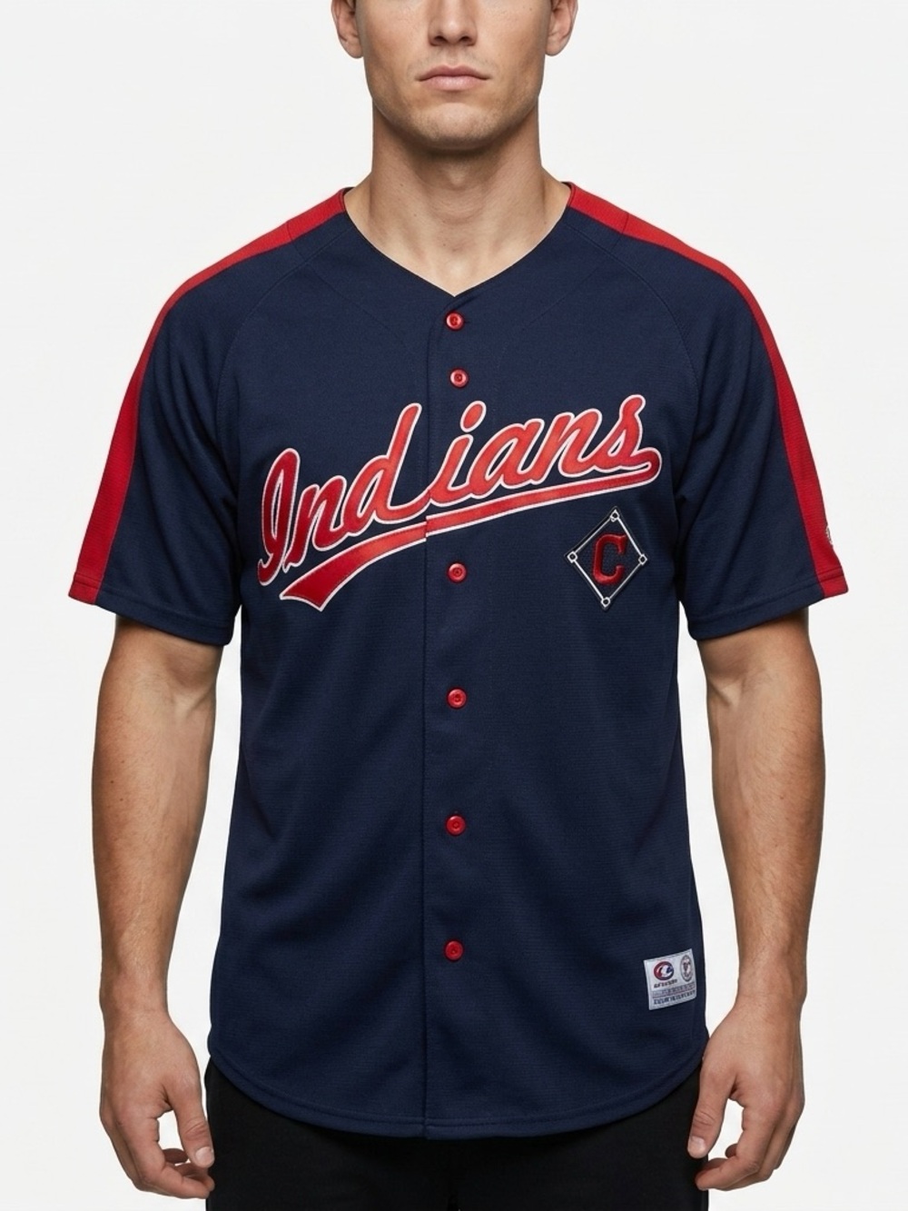 Vintage Cleveland Indians Jersey Large Navy Blue Red Button Up MLB True Fan